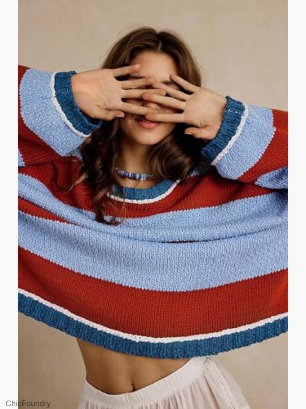 Chunky Knit Striped Sweater Oversized Pullover Long Sleeve Crew Neck - Picture 5 of 7